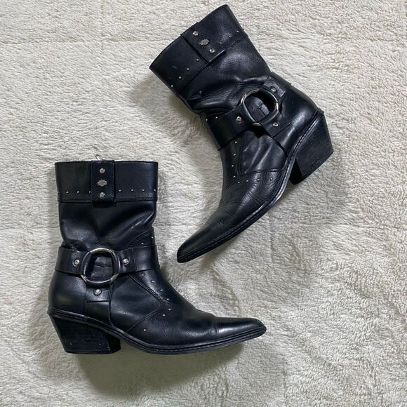 Harley-Davidson Shoes - Vintage Y2K Harley Davidson Black Leather Studded Pointed Ankle Boots